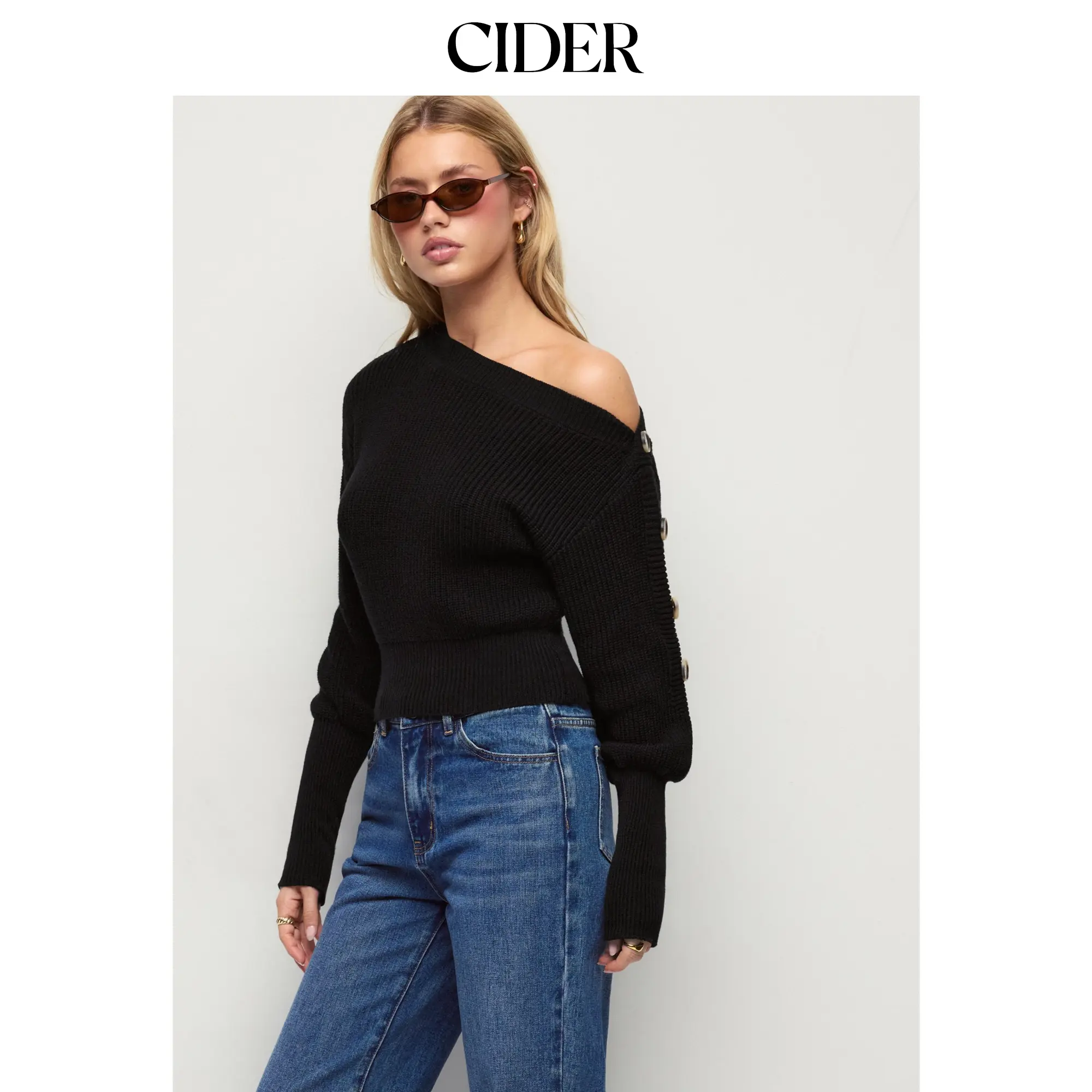 Cider Knit Cotton-blend Asymmetrical Neck Lantern Long Sleeve Sweater