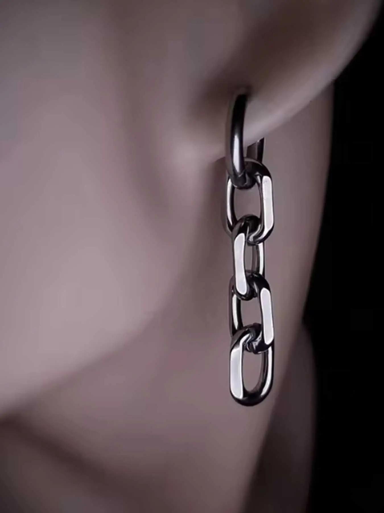 1 Pair Hip-hop Punk Thick Chain Beaded Stainless Steel Earrings, Simple Rock Style, High Quality Unisex Earrings for Men & Women, Ideal for Personalized Parties & Streetwear