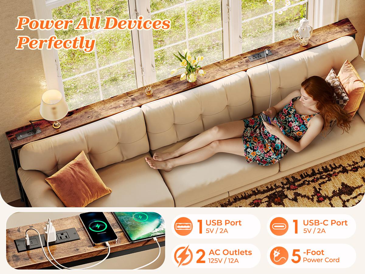 SUPERJARE 102 Inch Sofa Table with 2 Power Outlets and USB-C Ports, 5.9 Inch Narrow Console Table with Storage, Extra-Long, for Couch，Behind Sofa or Bed