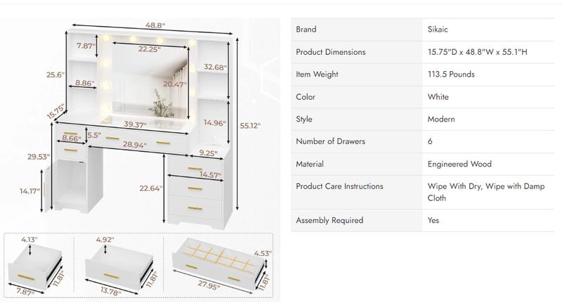 Sikaic 48.8 Inches Large Makeup Vanity Desk With Lighted Mirror & Power Outlet Glass Tabletop Bedroom Dressing Table
