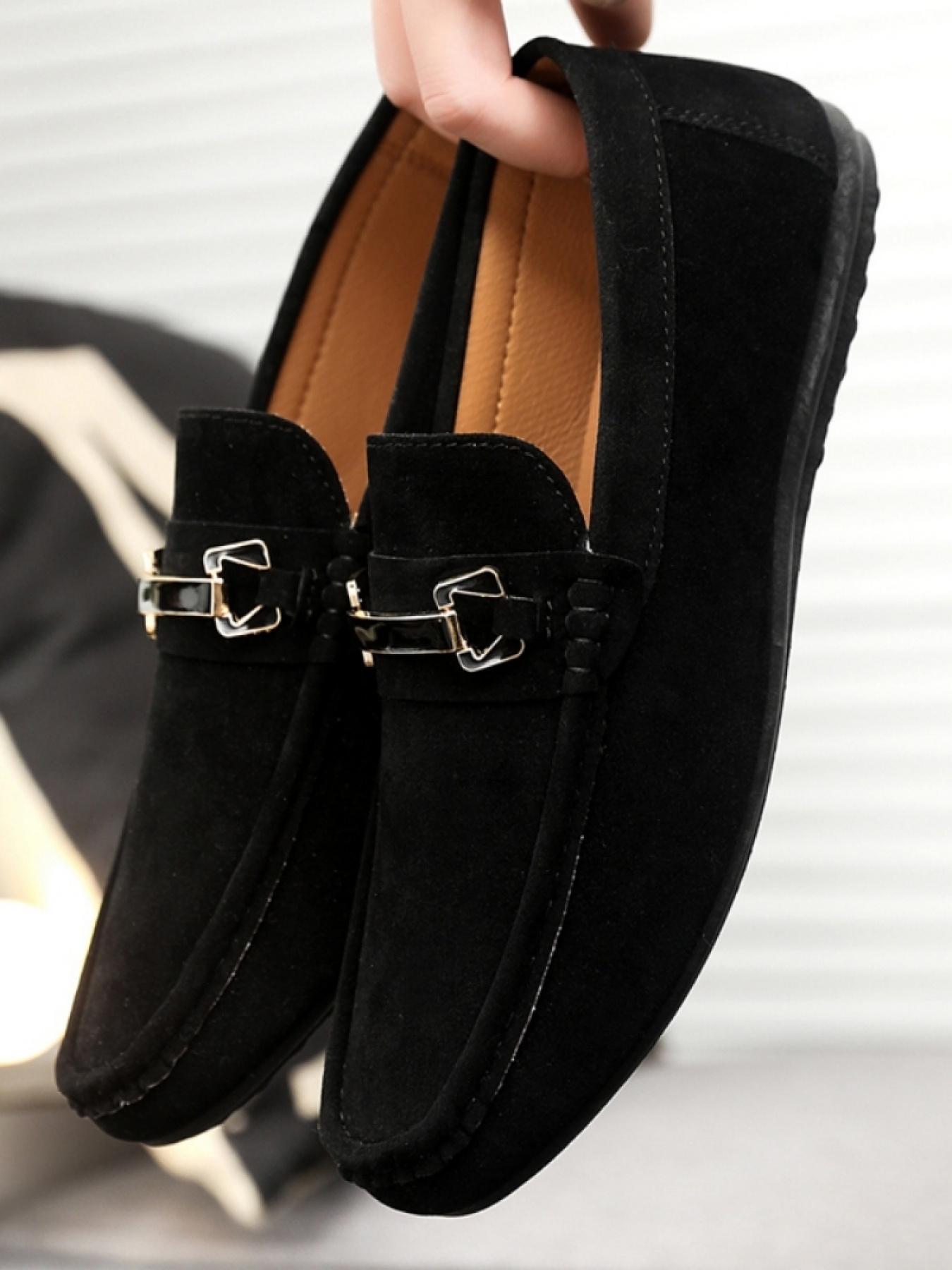 Men's Khaki Suede Metal Buckle Loafers: Soft-Sole Anti-Slip + Slip-On Design, Daily Commute Versatile Casual Shoes