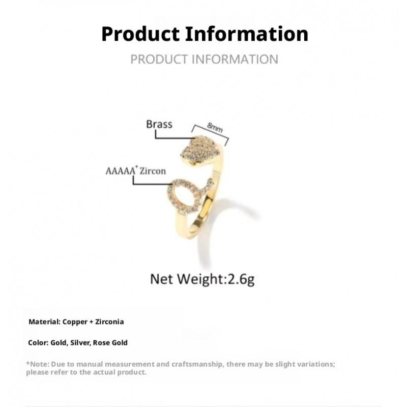 A-Z Initial Letter Open Adjustable Heart Ring, Minimalist Luxury Personalized Finger Ring for Women