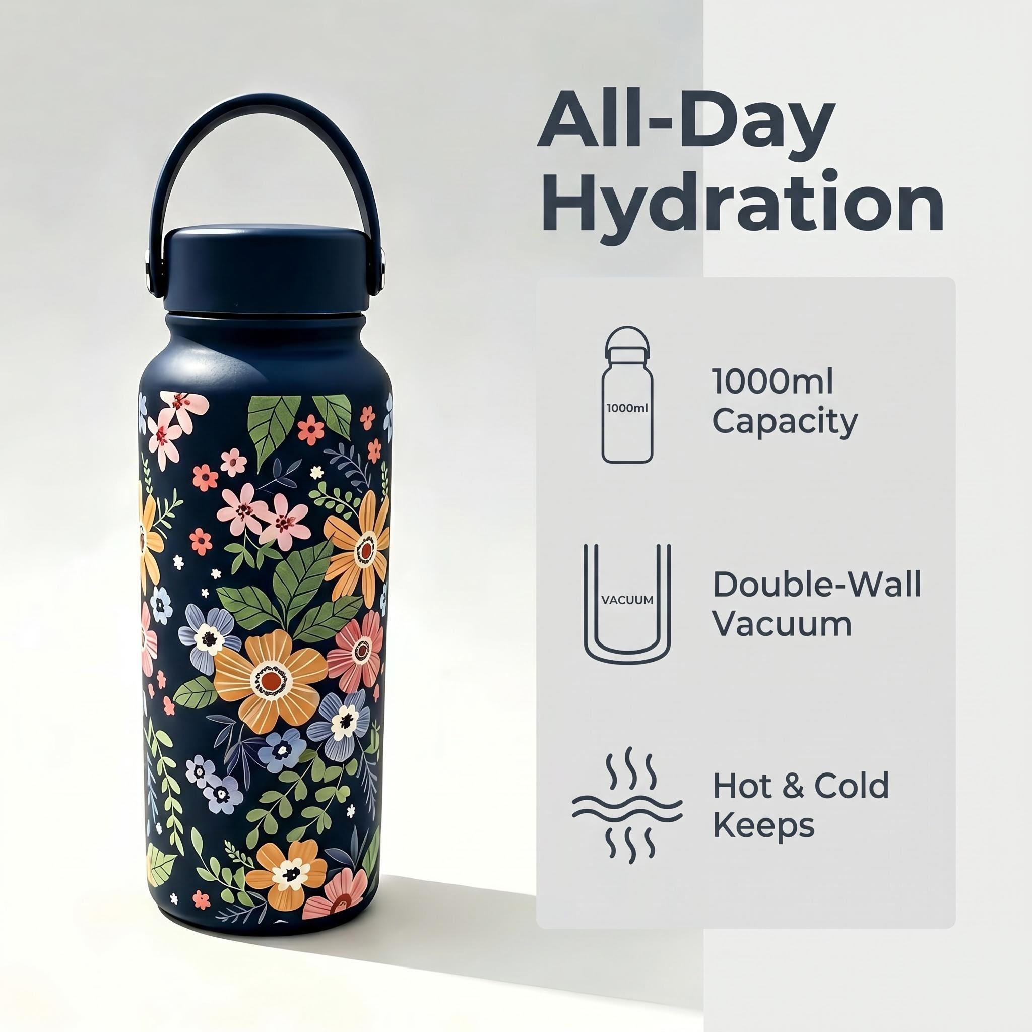 1000ML Floral 3D Print Insulated Cup, Ice Coffee Tumbler, Dual Layer Stainless Steel, Long-Lasting Heat/cool Retention, Portable Water Bottle for Outdoor Activities