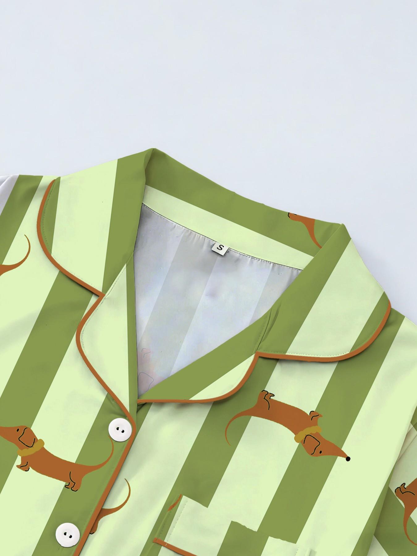 Women's Short Sleeve Button Down Top and Shorts Pajama Set, Spring Summer Wear, For Energetic Teen Girls, Green White Stripe Bright Dachshund Print, Classic Lapel Collar, Loose Vitality Fit, Comfortable For Home & Gatherings