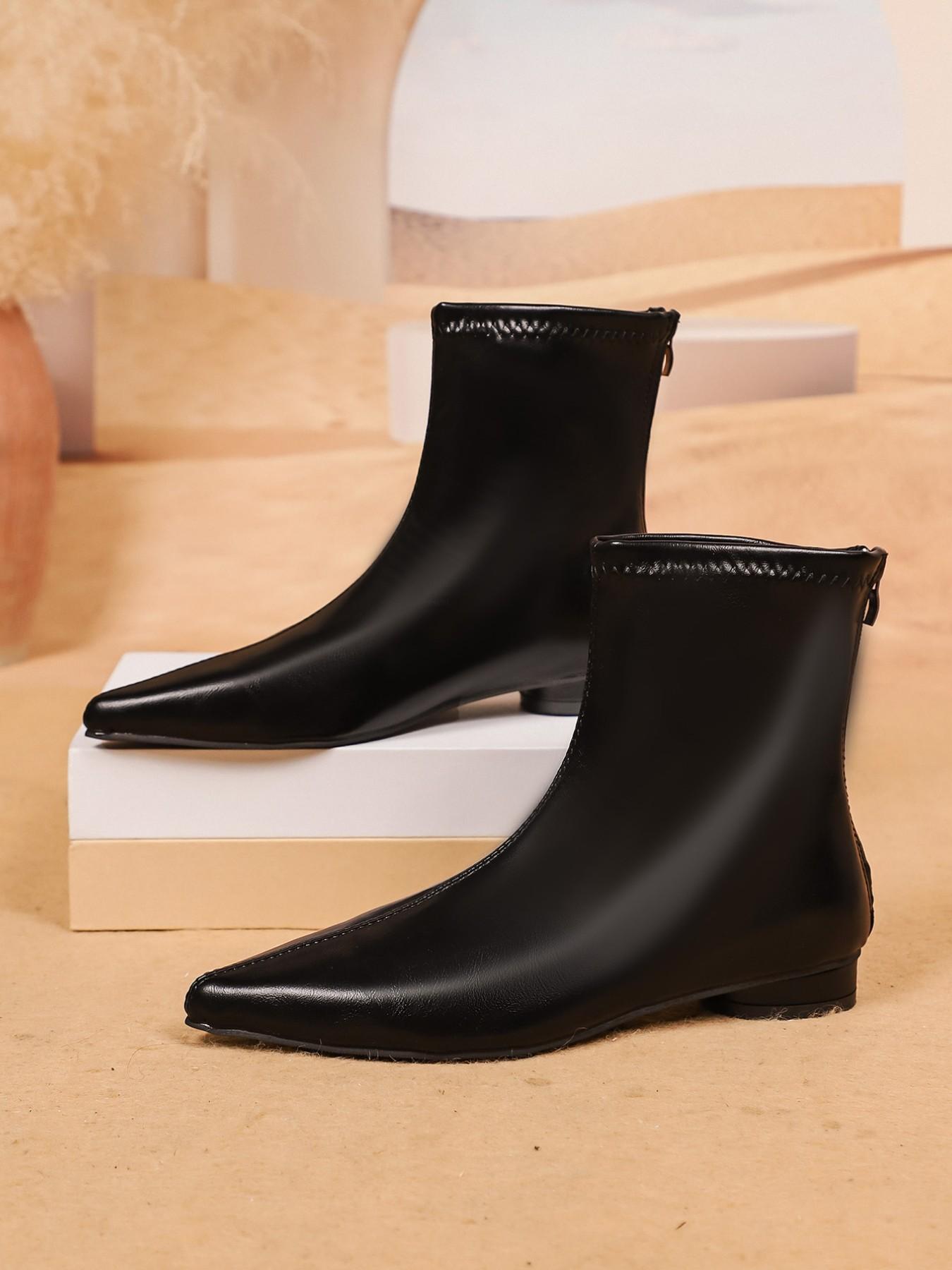 Elegant Pointed Toe Low Heel Elastic Short Boots, Soft Leather Slimming Nude Boots, Daily Commute Versatile Ankle Boots, Autumn Winter Fashion