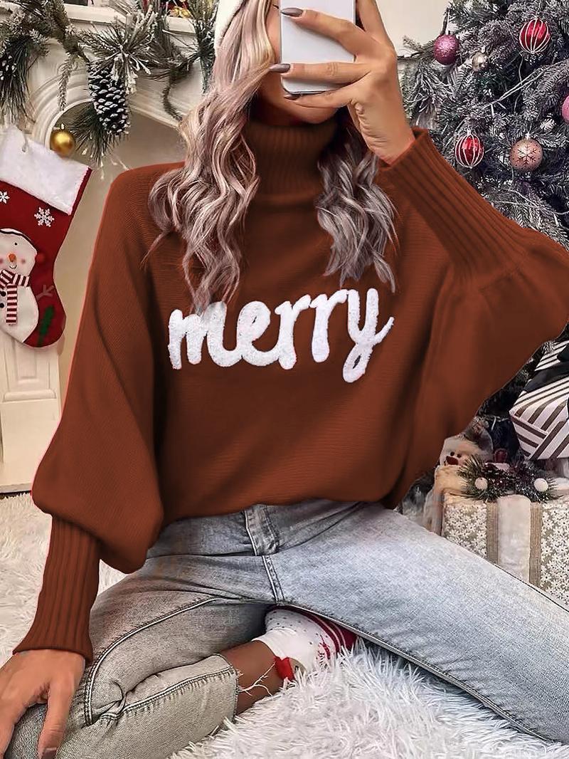 Women's Letter Pattern Batwing Sleeve Turtleneck Sweater, Casual Long Sleeve Jumper for Fall & Winter, Fashion Ladies' Knitwear for Daily Wear