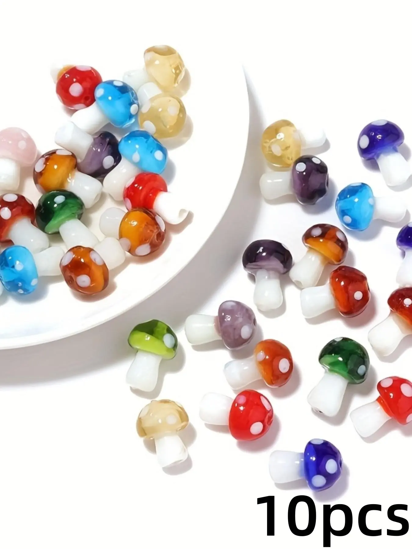 10 Bright Mushroom Glass Beads for DIY Jewelry Making, Mixed Colors with Spots, Perfect for Necklaces and Bracelets