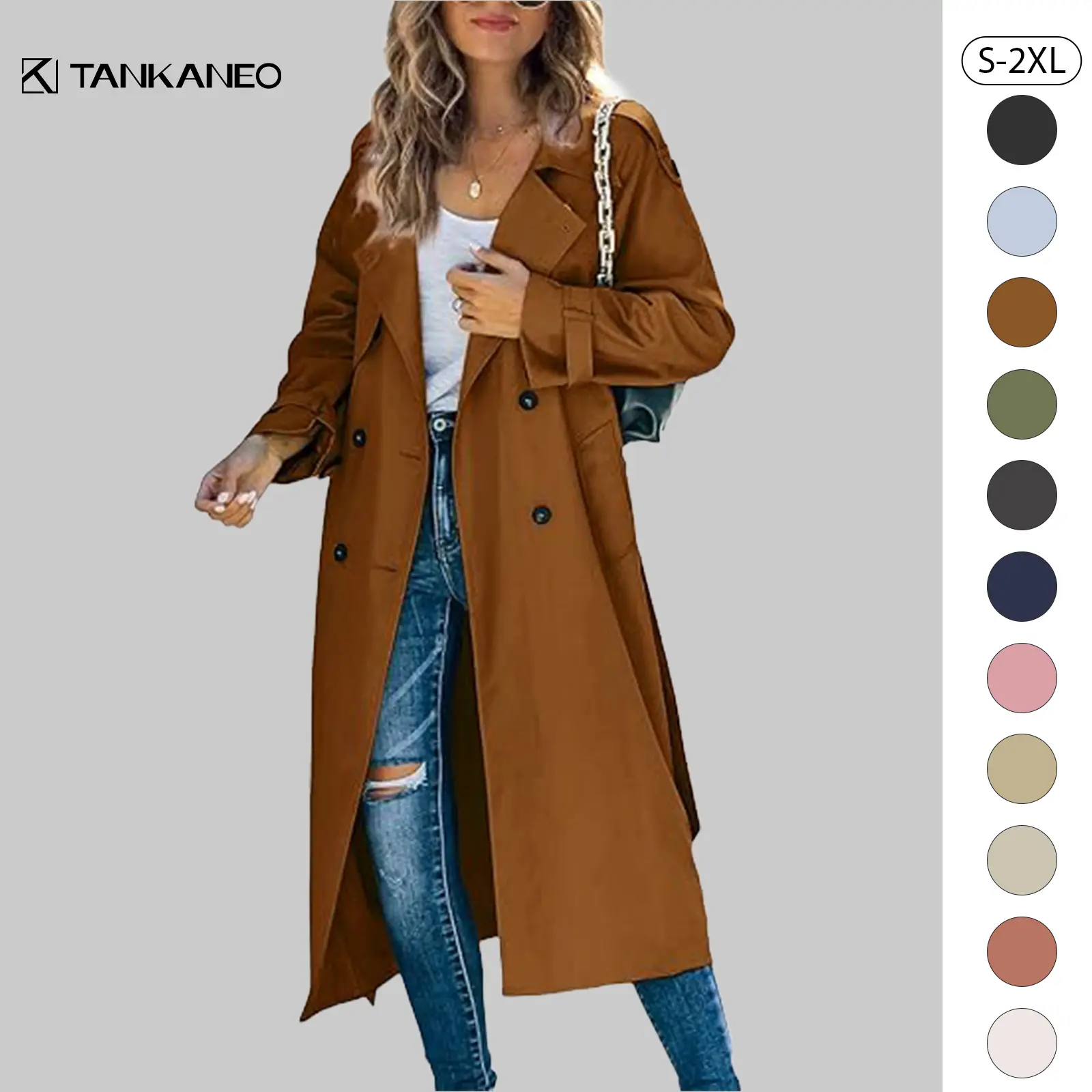 Tankaneo Women's 100% Poly Classic Retro Long Sleeve Double-Button Trench Coat - Regular Size, Classic Lapel, Slim Fit, Belted, Windproof Casual Top with Button Fastening