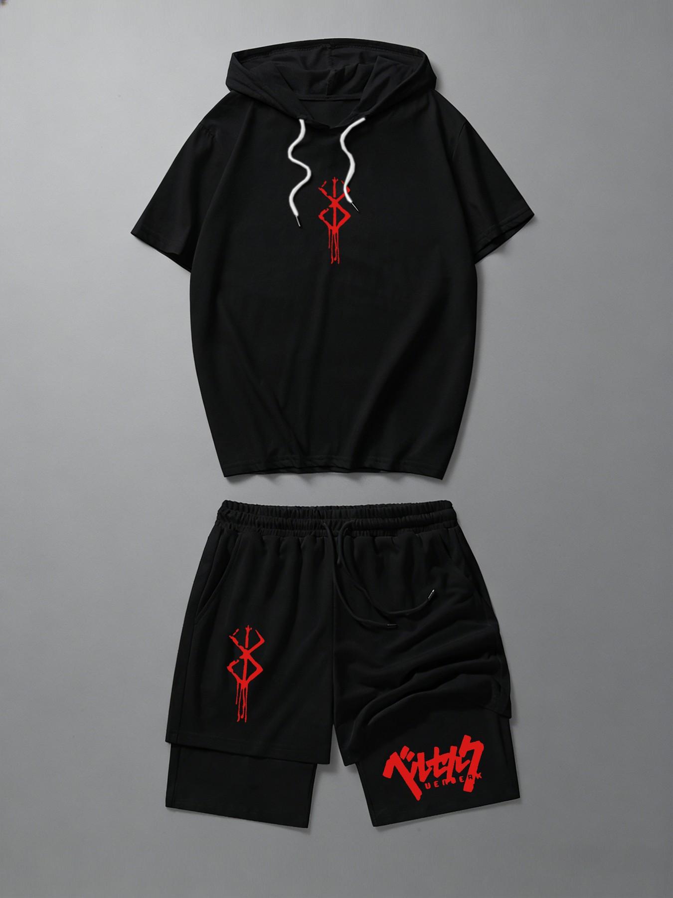 Berserk 2-Piece Short Set: Black Short Sleeve Hoodie & Double-Layer Shorts with Iconic Red Sacrifice Logo & Japanese Kanji | Anime Streetwear for Men & Women | Casual Techwear Loungewear
