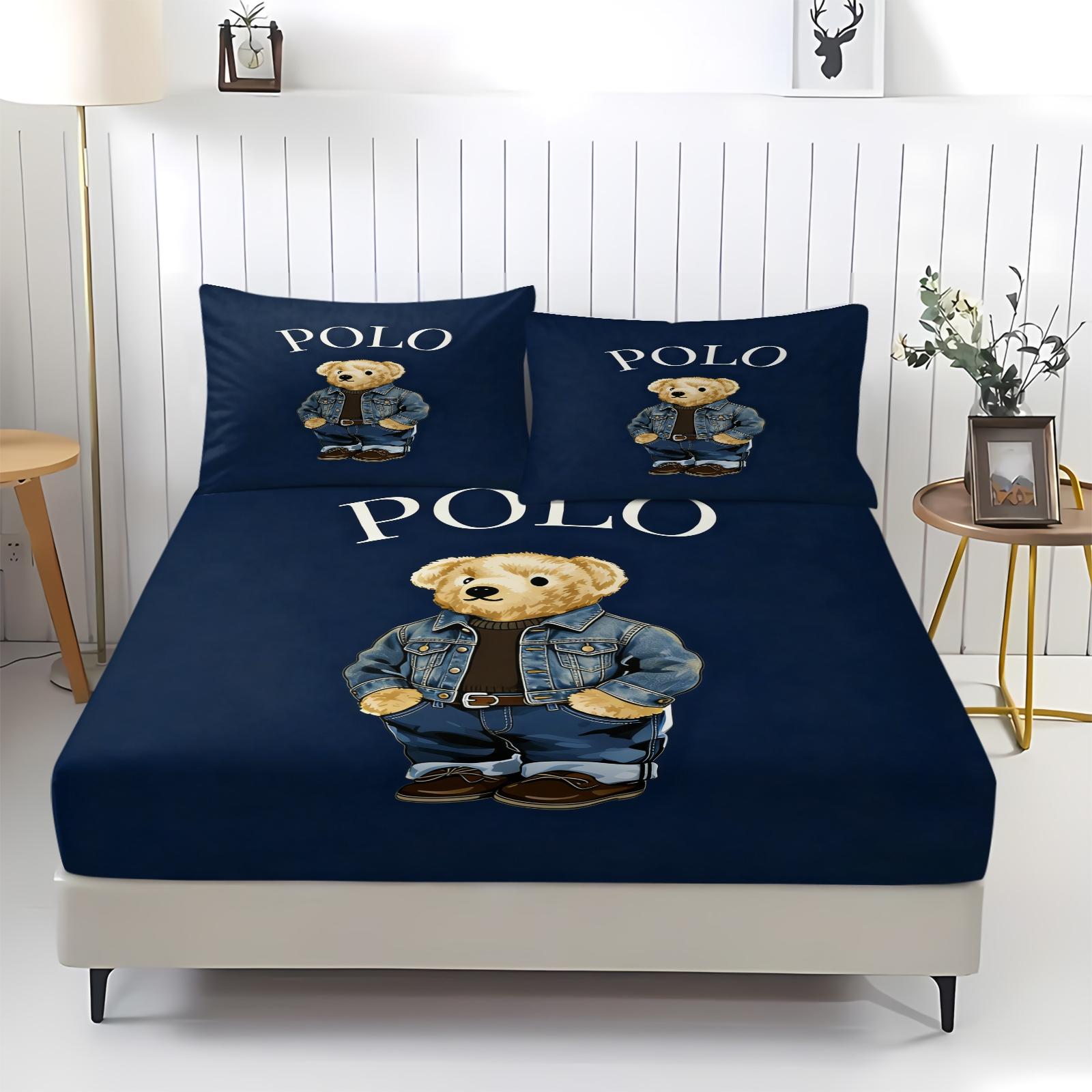 Teddy Bear Pattern Bed Sheet, Comfortable Printed Pattern, Includes 1 Bed Sheet and 2 Pillowcases, Comfortable Bedding, Non slip Dust Cover Suitable for Bedroom and Guest Room, Suitable as a Gift for Children or Adults