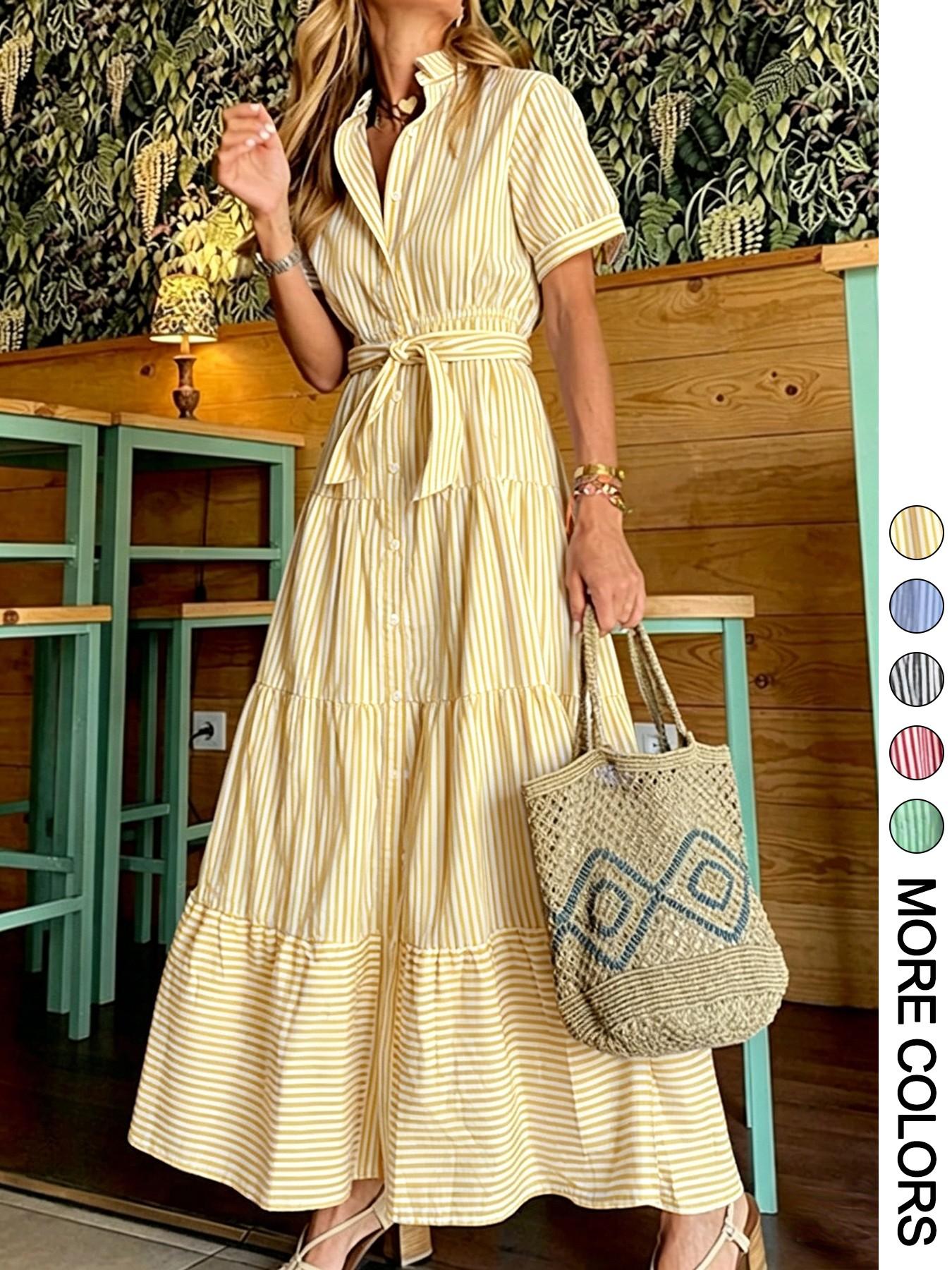 Women's Striped Print Adjustable Belted Button Dress, Elegant Casual Long Dress for Summer, Women's Clothing for Daily Wear, Fit, Womenswear