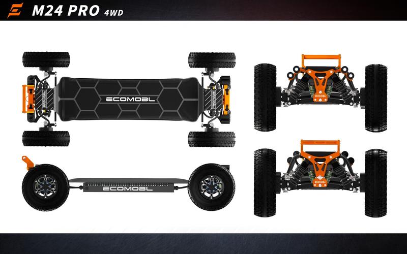 Ecomob M24 PRO 4WD 40T 12S5P Real Suspension Off-road Electric Skateboard with 3800W Motor & 9 Layer Maple Deck for Rugged Terrains