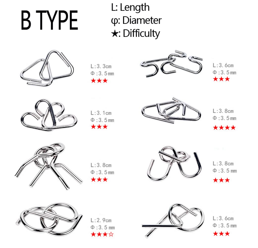 Metal Wire Brain Teaser Montessori Puzzles Ring Toy Set 7.08''×5.9" 24-Piece Logic Game Solution Interlock Educational Stress Relief Portable Durable Gift for Kids Teens Adults