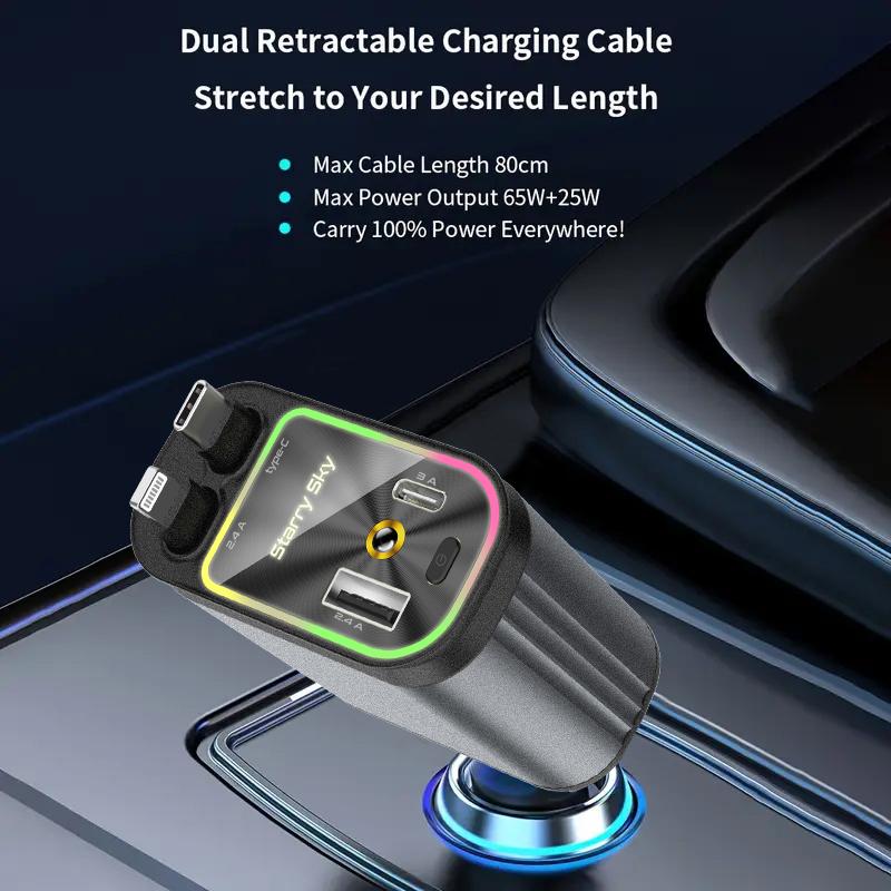 4-in-1 Headliner Fast Charging Retractable Car Charger Starlight Roof Projector with Red and Blue Light, 31-inch Retractable Cable (for Type-C and iOS Devices),- Travel Car Accessories​​