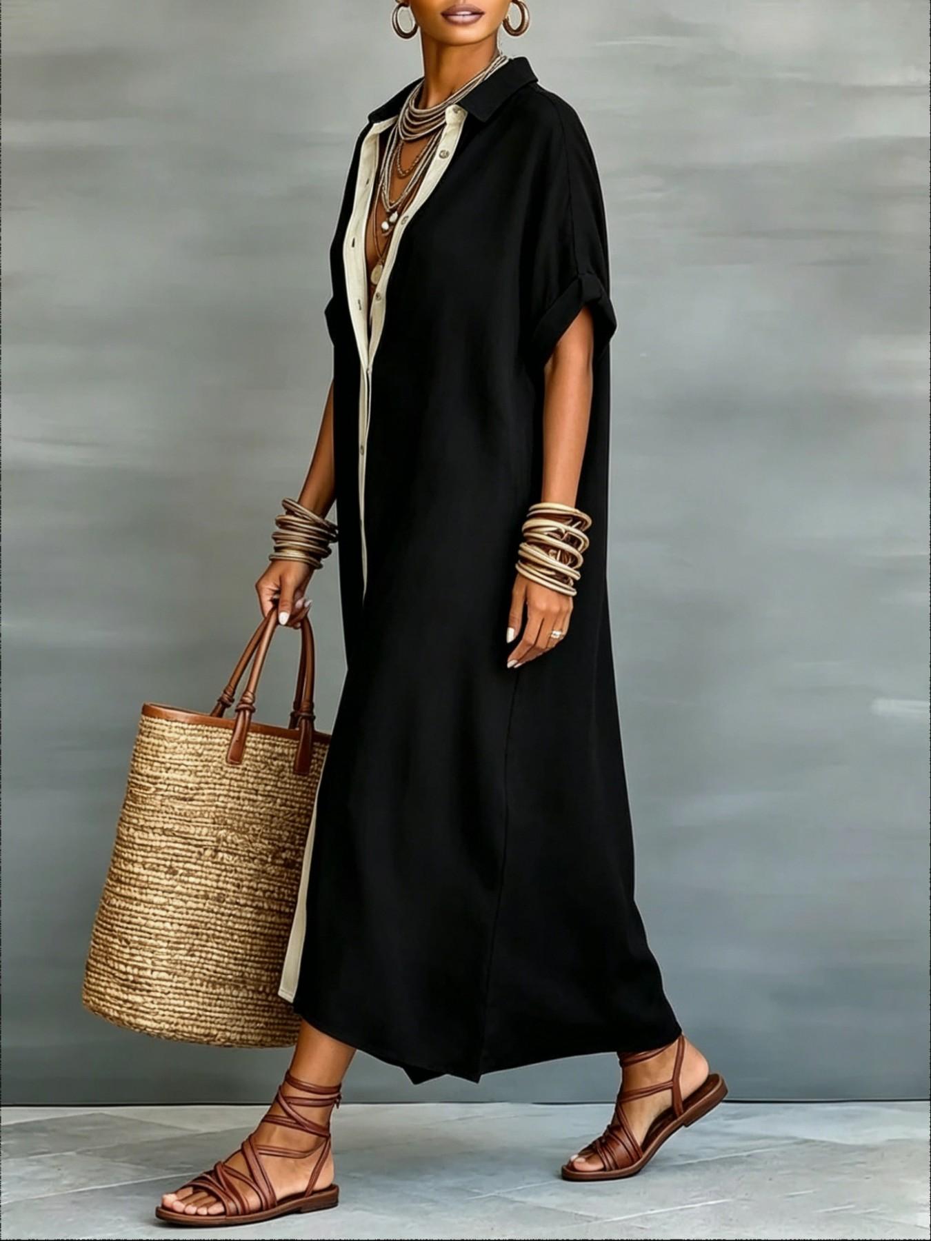 Women's Casual Colorblock Collared Button Front Long Dress, Boho Bohemian Lazy Style Short Sleeve Sun Protection Shirt Dress for Summer Vacation Boho Beach Sundress