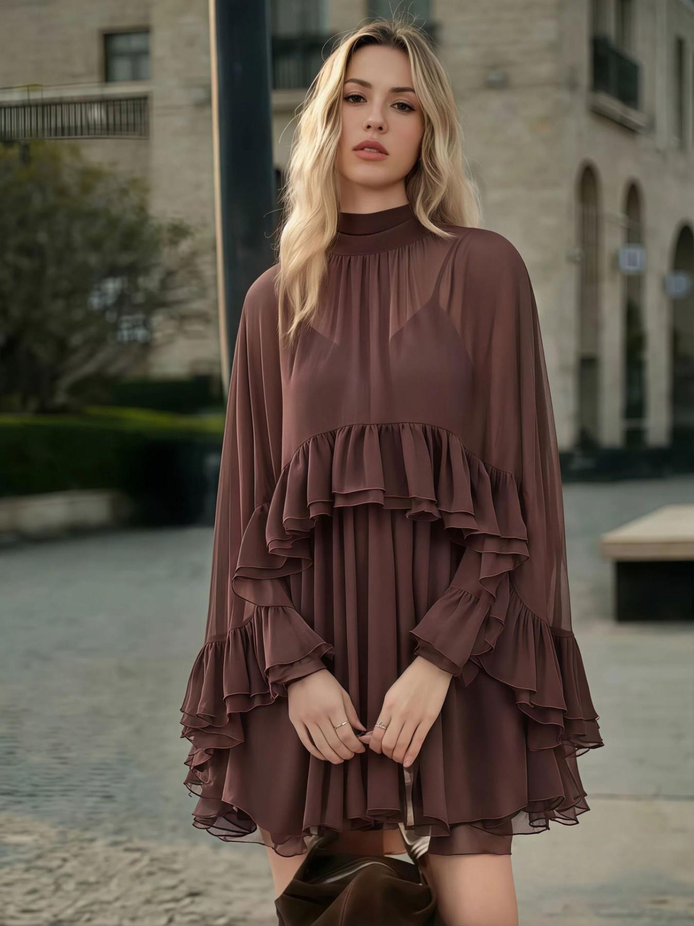 Ocean Style Spring Summer New Elegant Chiffon Dress with Layered Ruffles Fashion Inner Tank Two-Piece Set for Casual Wear Womenswear Basic Womenswear Basic Minimalist