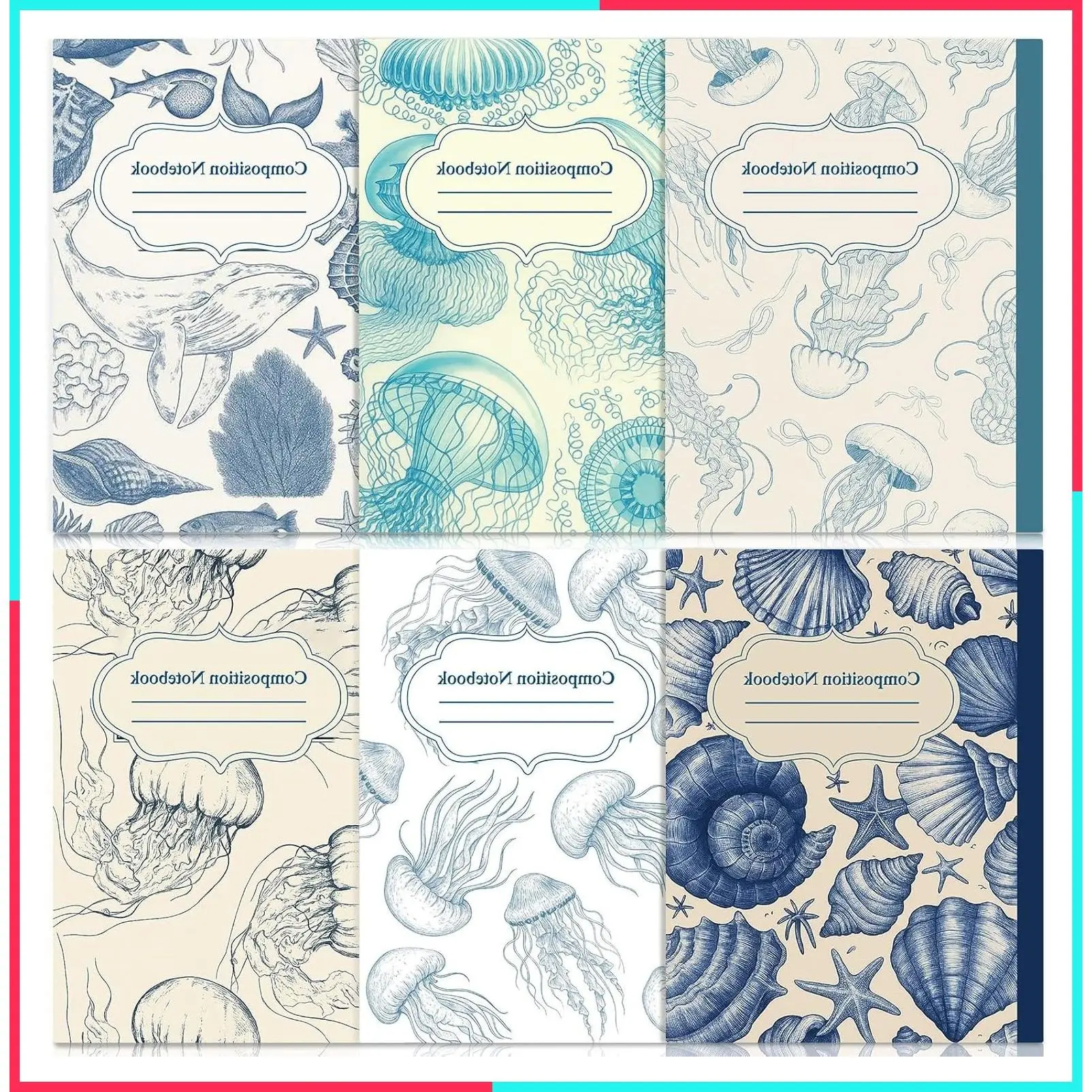 6 Pack College Ruled Composition Notebooks, Blue Ocean Design, 110 Pages, 7-1/2" x 9-3/4", Retro Aesthetic Journal, Bulk Set for Back to School, Classroom, Office, First Day Gift