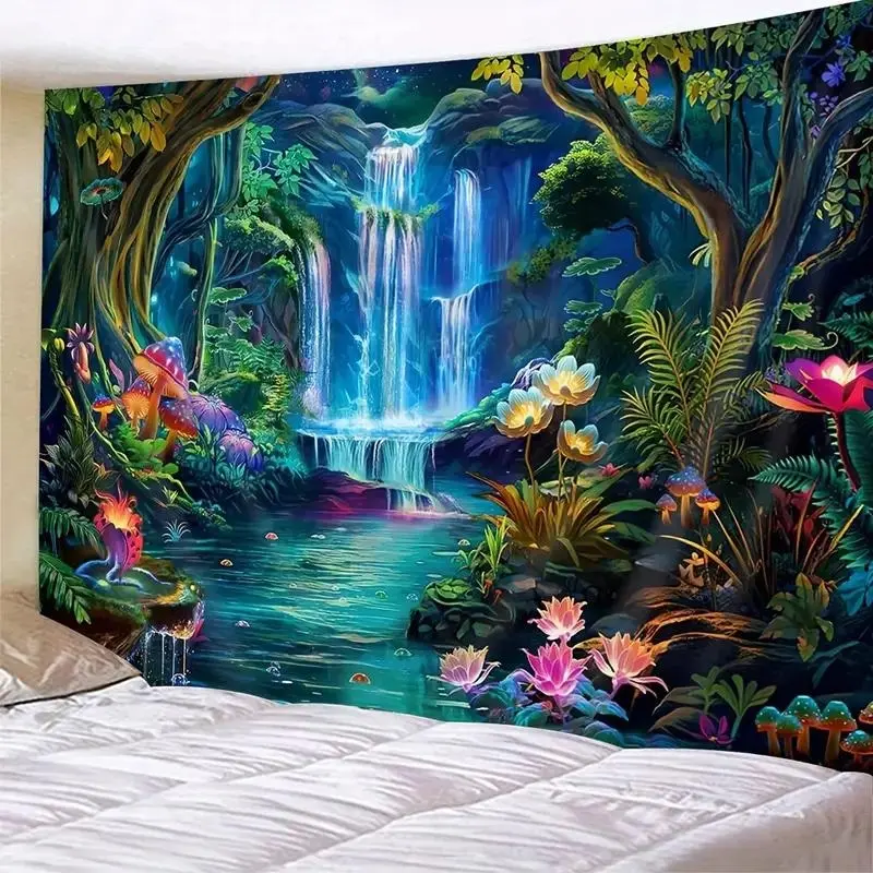 1 Counts Vibrant Jungle Landscape Tapestry - Jungle and Waterfall Prints, Lightweight Polyester Wall Hanging, Comes with Free Installation Kit - Perfect for Living Room, Bedroom, Office Decoration, Jungle Theme Decoration