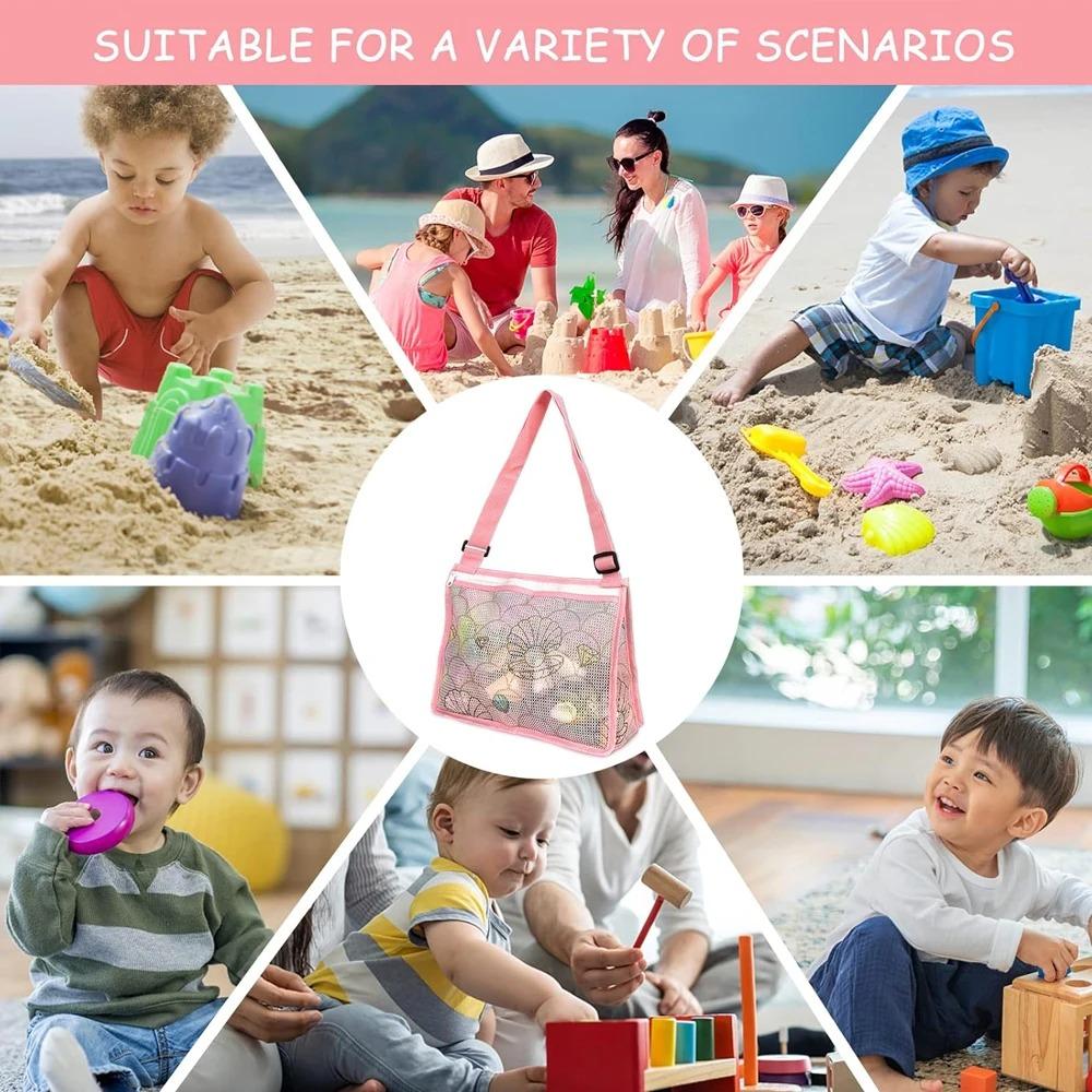 Beach Toy Storage Mesh Bag, Kids Shell Collection Pouch with Zipper, Waterproof Swim Gear Carrier for Boys and Girls, Portable Net Bag for Beach Toys, Holds Sand Buckets Shovels, Storage Carrying Bag, Organizational Zipper Storage, Zippered Storage