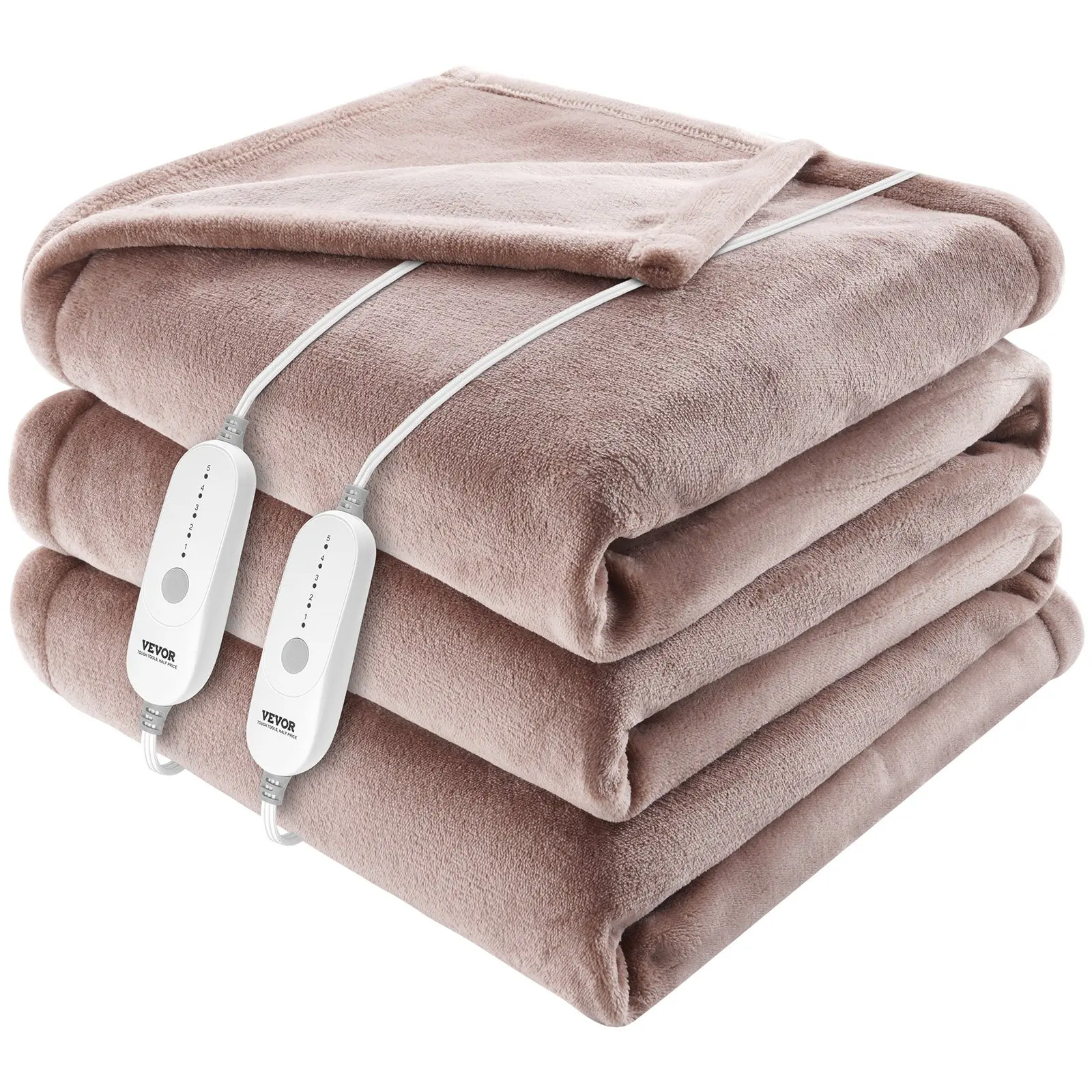 VEVOR Heated Blanket Electric Throw, 100" x 90" King Size, Soft Flannel Heating Blanket with 10 Hours Timer Auto-off 5 Heating Levels, Dual Control, Machine Washable, ETL FCC Certification (Beige)