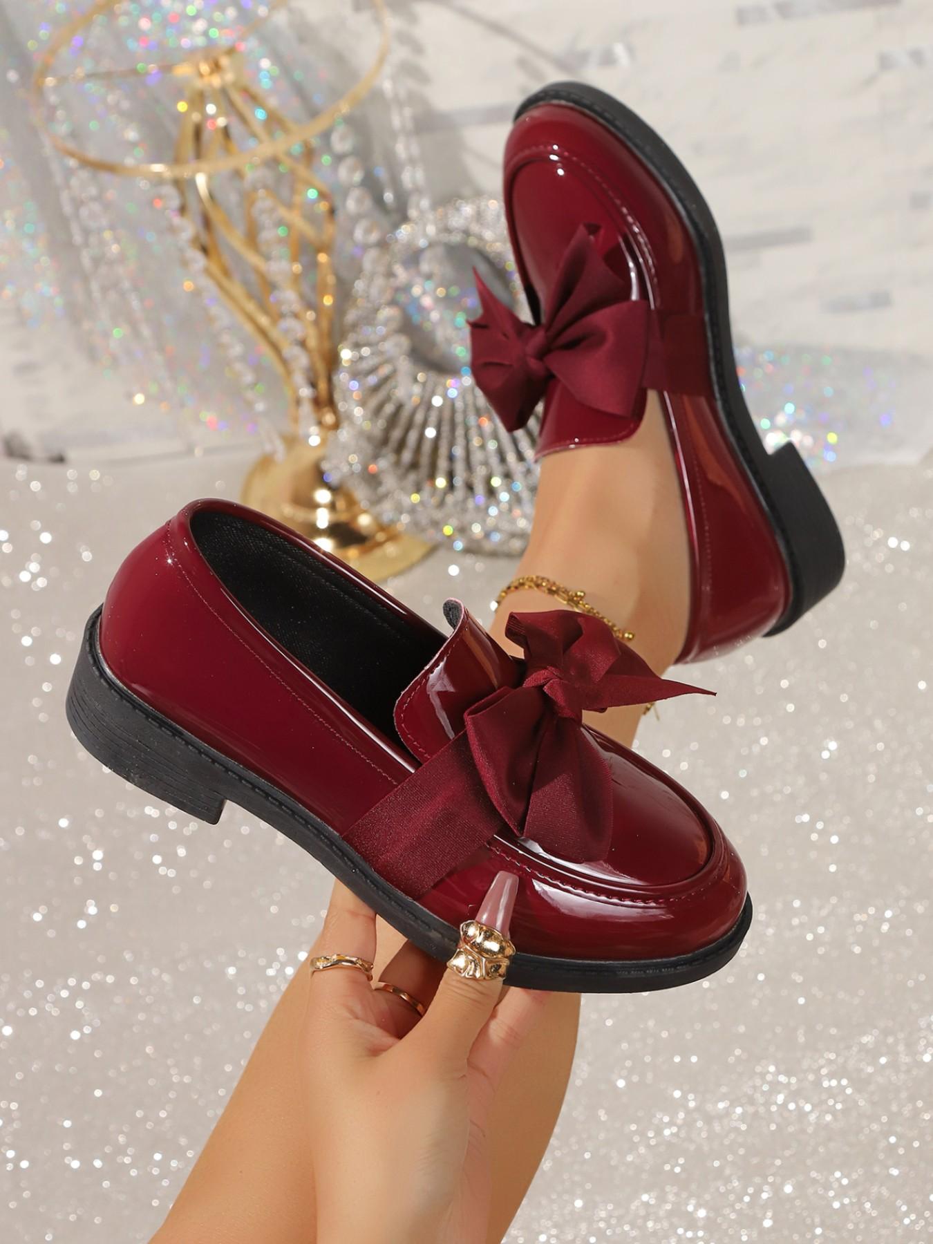 Women's Chunky Heel Patent Leather Loafer Shoes, Plain Design PU Upper Material Rubber Sole, Preppy Style Less Than Ankle Height