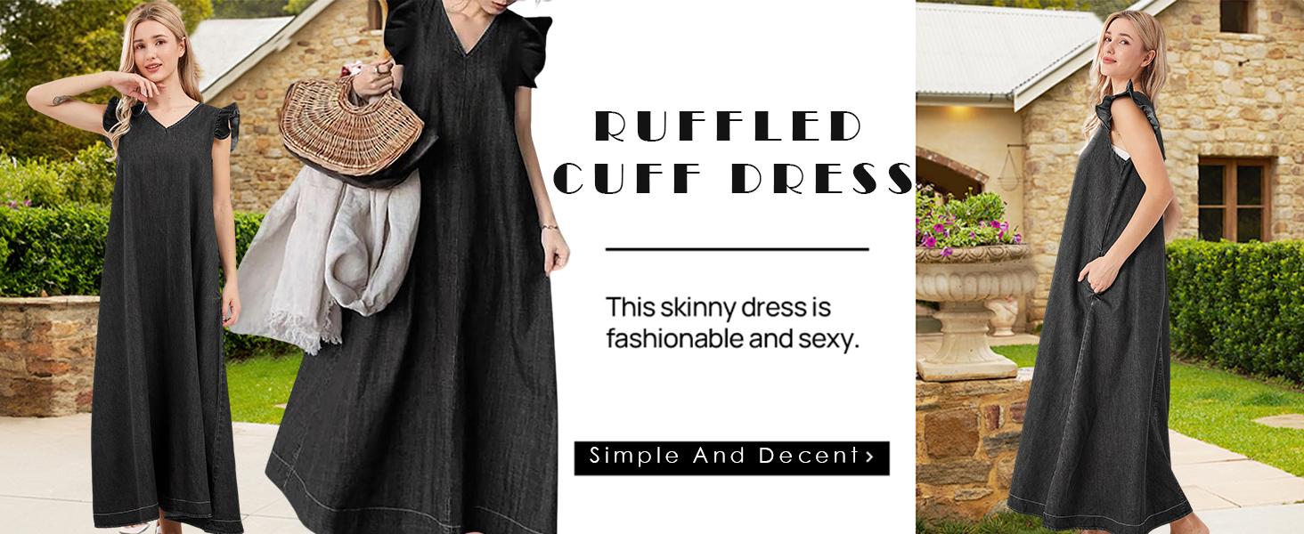 utcoco Women's Summer V Neck Long Denim Dress Casual Loose Ruffle Sleeveless Dress Minimalist V neck Womenswear sundress