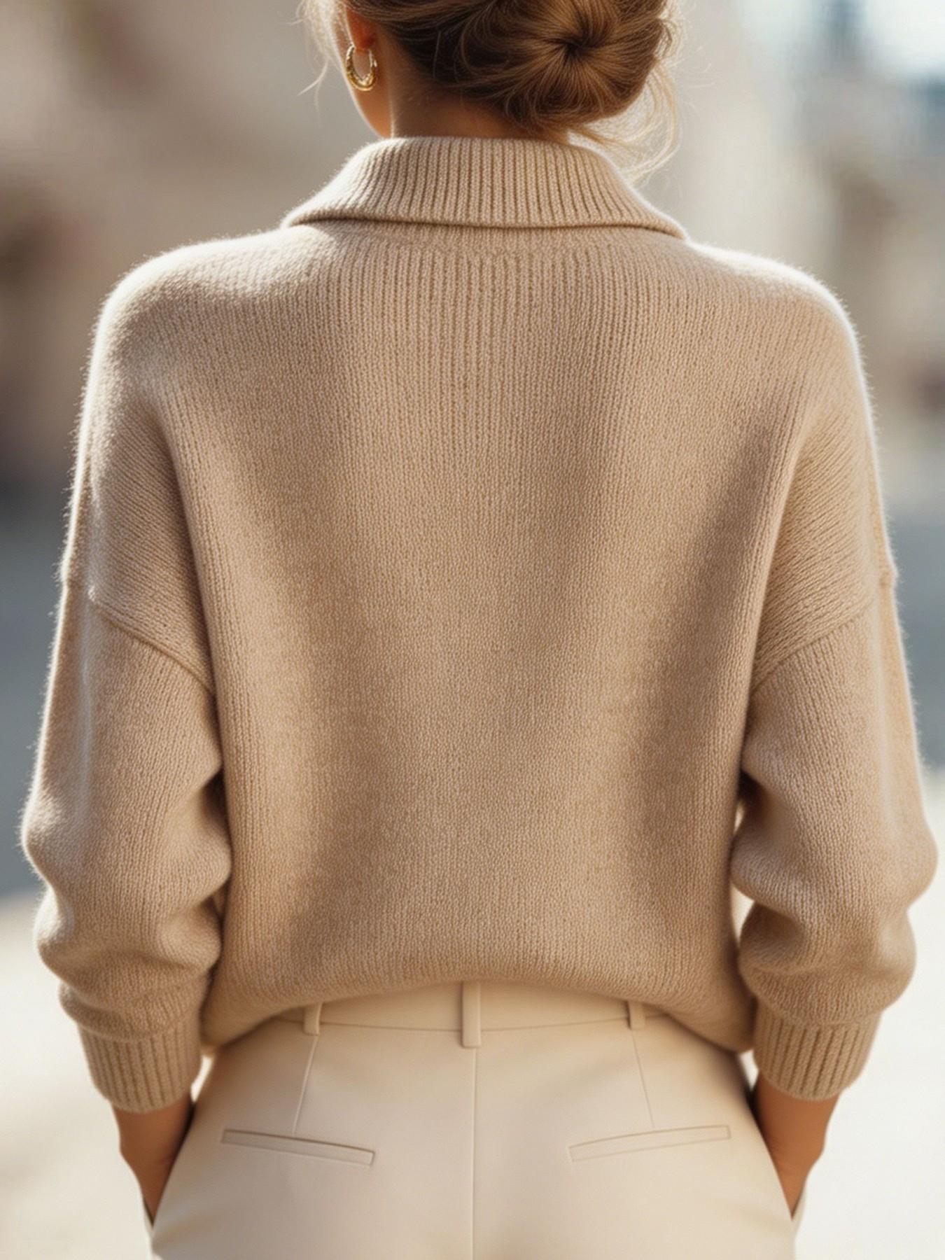 Women's Lapel V-Neck Knit Sweater, Loose Fit Casual Long Sleeve Top, Fall Winter Fashion, Comfortable Pullover for Daily Wear, Knitwear