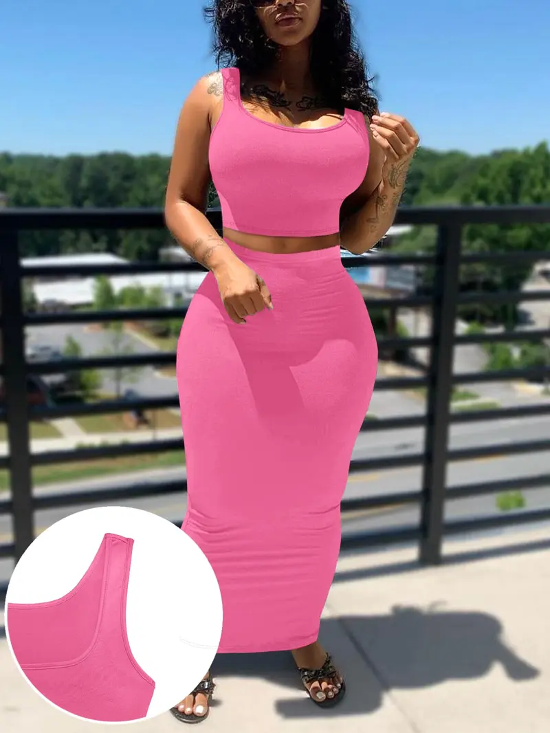 2-Piece Breathable Stretchy Sexy Sporty Casual Slim Fit Knit Crop Sleeveless Tank Top & High-Waisted Skirt Set for Beach, Vacation and Date, Street Style Womenswear