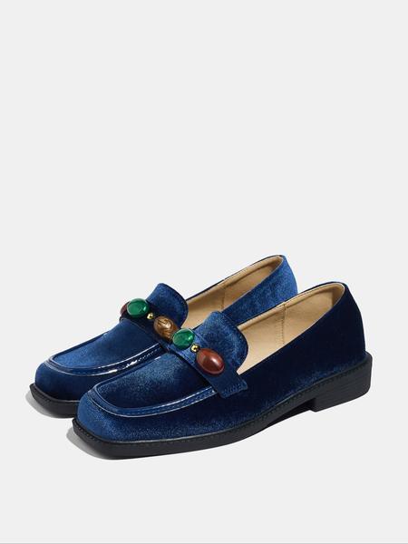 Women's Fashion Fall New Velvet Thick Sole Blue Square Toe Mid Heel Soft Bottom Outdoor Lightweight Breathable Slip-On Loafers