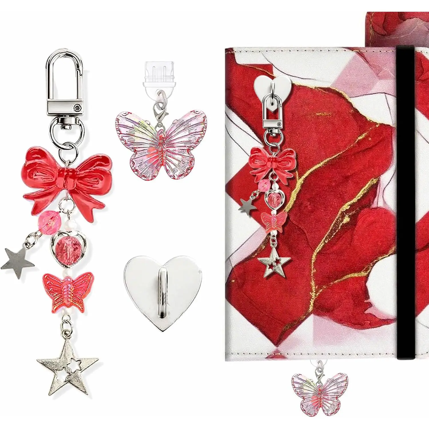 Bow  Chain for Kindle Paperwhite, Butterfly Dust Plug | 3 count Kindle  set with  bow , butterfly dust plug and heart hook for device, case and bag decor.