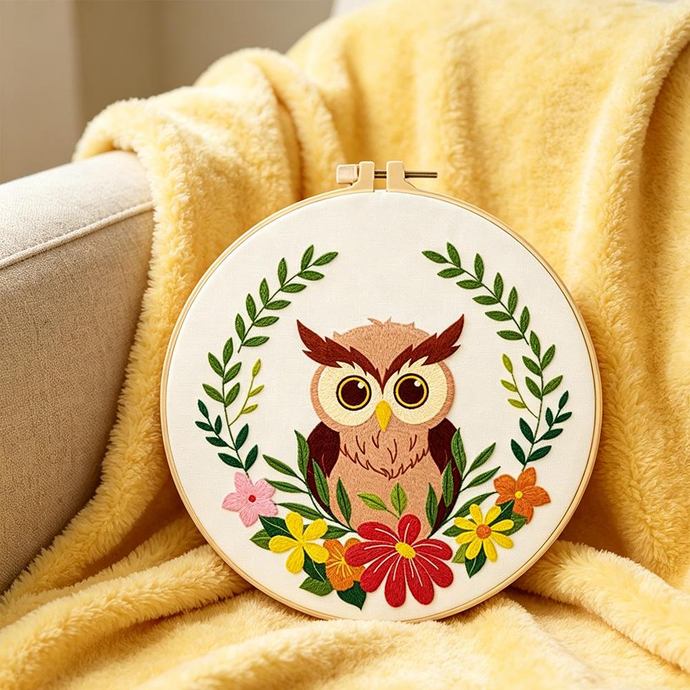 Animal Theme Embroidery Kit for Beginners, Owl Pattern Hand Sewing Set, Includes Fabric, Threads, Tools, Hoop, Instructions, Home Decor, Gift