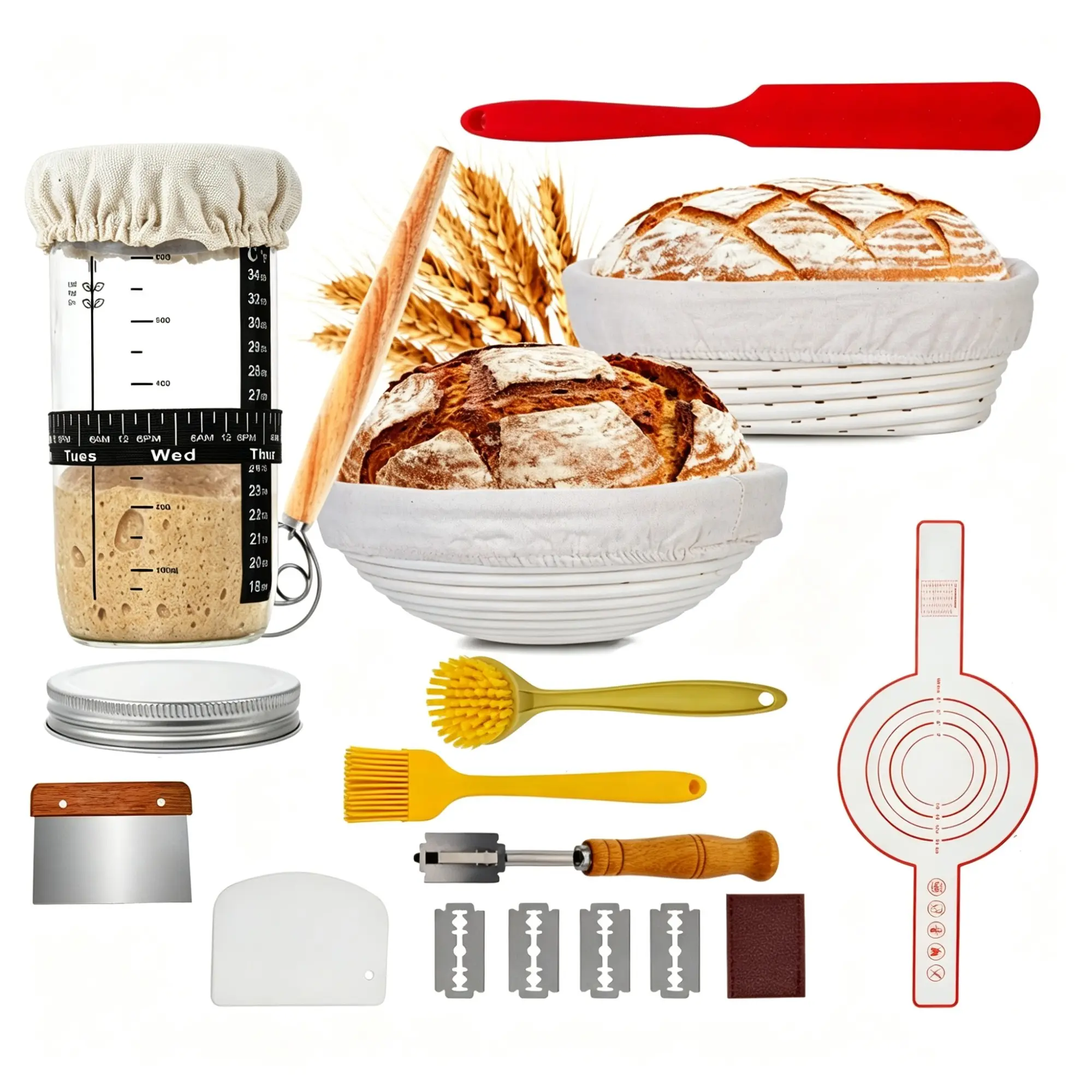 Banneton Bread Proofing Basket Set, 1 Set Oval & Round Bread Baking Supplies, Bread Lame & Food Brush & Dough Scraper Utensils Kit, Baking Accessories