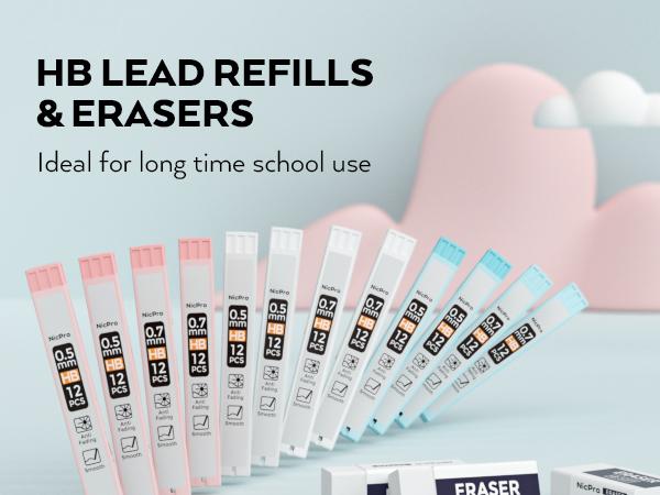 Nicpro 6Pack Pastel Mechanical Pencil Set 0.5 & 0.7 mm with 12 tubes HB Lead Refills, 3 Erasers, 9 Eraser Refills For School Writing, Drawing, Sketching, 3 Colors - With Case