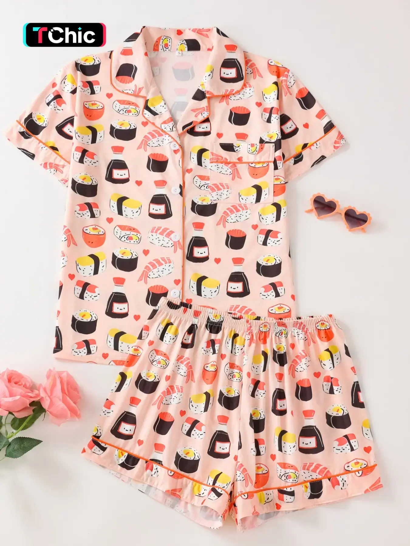 Women's Sushi Full Print Pajama Set, Collared Button Short Sleeve Top and Loose Comfortable Shorts, Fun Sweet Sleepwear Set Loungewear Pjs Printed Pajama Set