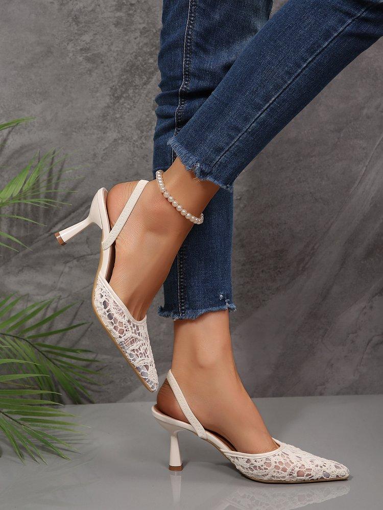 Women's Summer French Lace Pointed Toe Sandals Block Heel Ankle Strap Slingbacks Sexy Outdoor Slides