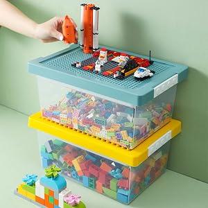 Plastic Arts and Crafts Storage Organizer Bin - 1 Set Toy Organization Stackable Bin with Building Baseplate Lid, Removable Divided Tray for Blocks, Art Supplies