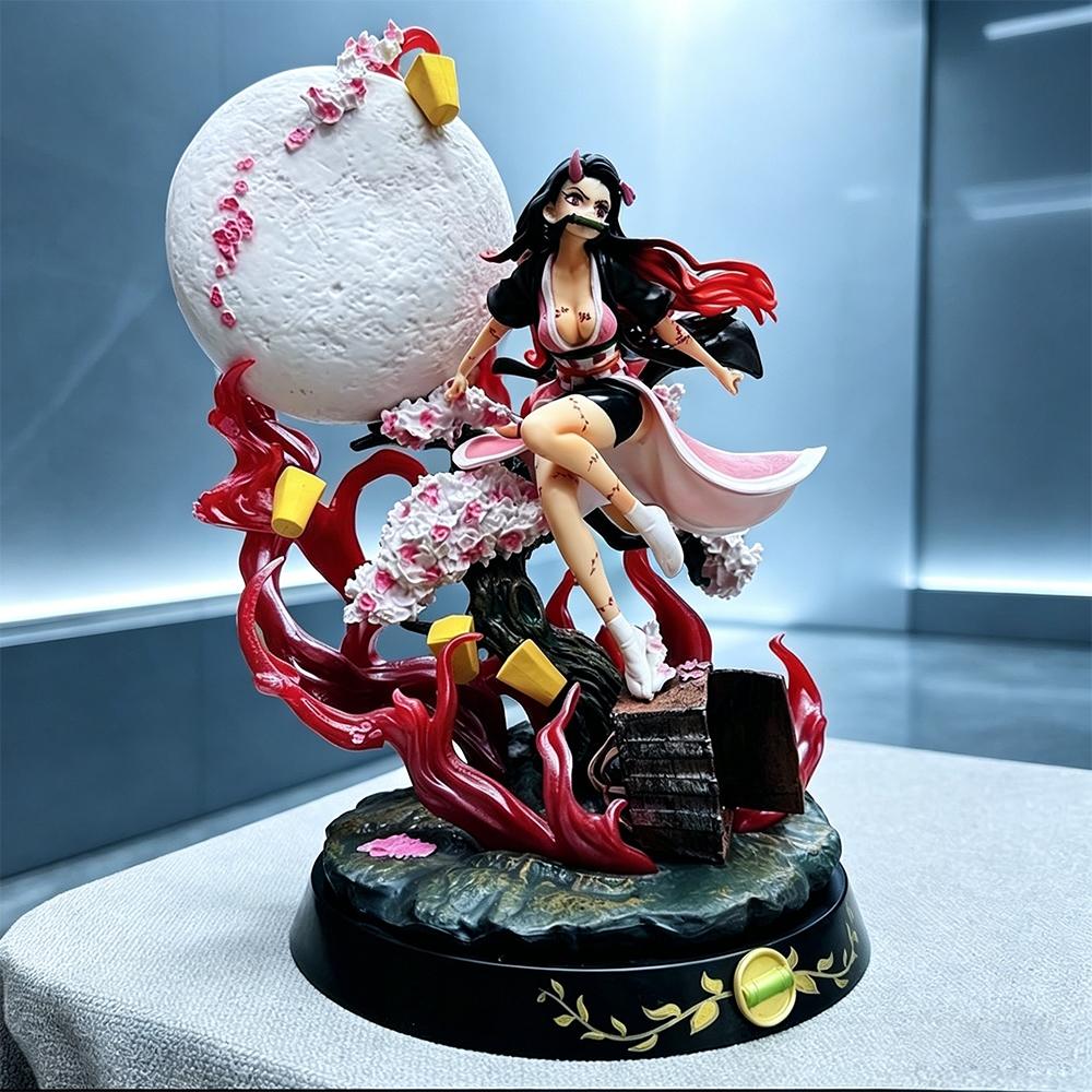One Piece Demon Slayer Nezuko Kamado Figure, Blood Demon Form with Moon，Nezuko Collectible Statue, Battle Form with Cherry Blossom & Base，Nezuko Anime Figure, Demon Slayer Collectible for Fans & Display, PVC Figures