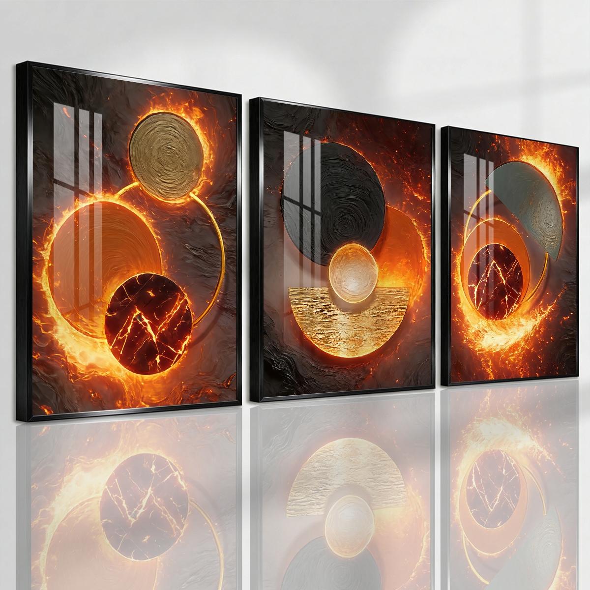 3 Counts Aluminum Alloy Framed Painting, Abstract Fire And Lava Geometry Pictures, Home Decoration For Living Room, Bedroom, Office, Restaurant, Hallway Wall Decor, Odorless Print Artwork, Luxury Perfect Gift For Friends And Family