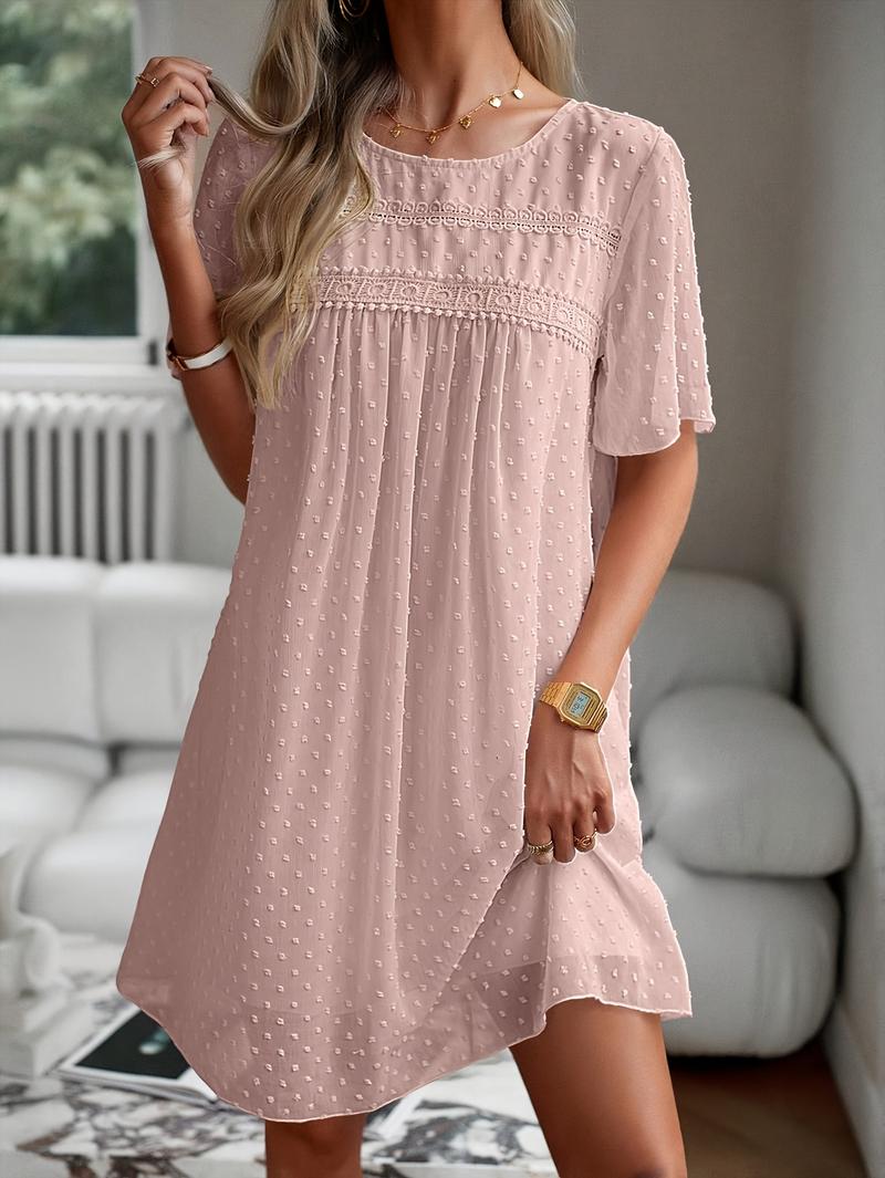 Women's Elegant Short Sleeve Chiffon Dress- A-Line Round Neck with Applique Detail, Machine Washable Lightweight Solid Color All-Season Casual& Formal Wear