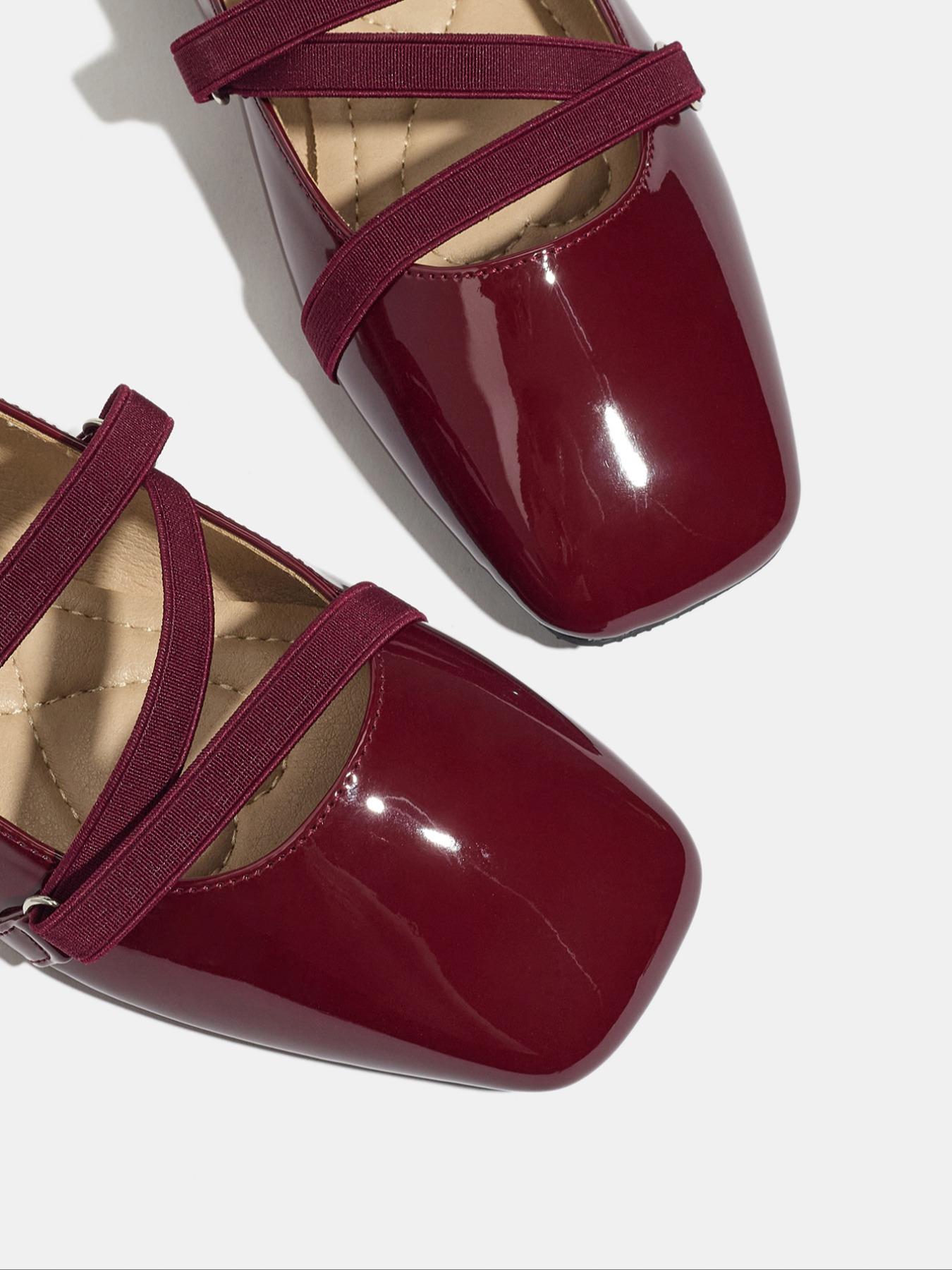 Women's Easy Slip-On Casual Trendy Flat Shoes, Wine PU Leather Square Toe Casual Ballet Flats, All Season Comfortable Wear-Resistant Design