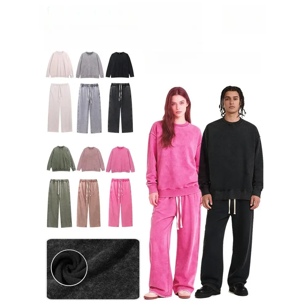 Unisex Vintage Washed Matching Set Oversized Crew Neck Sweatshirt Loose Casual Pants Streetwear 2 Piece Tracksuit