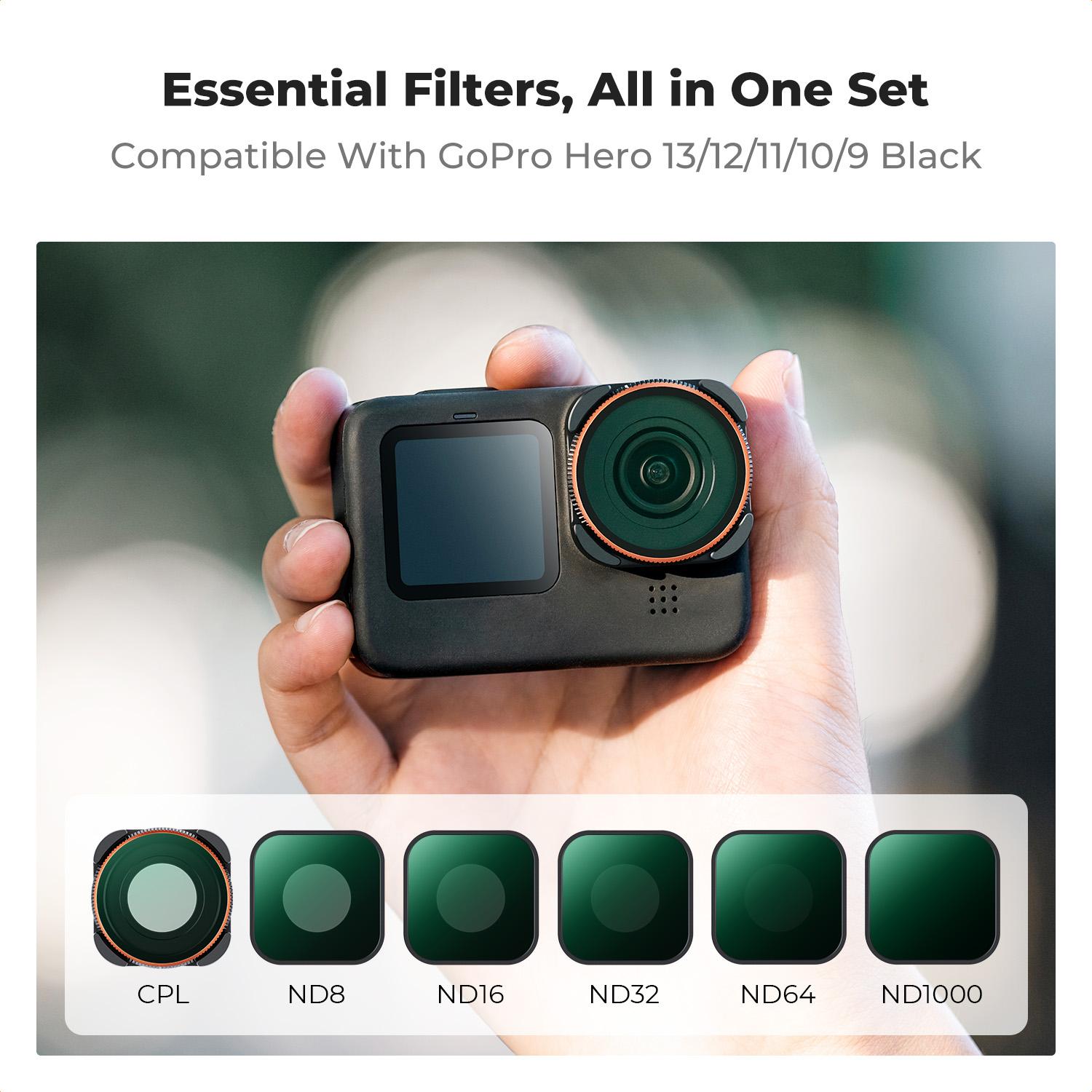 【K&F CONCEPT】 ND Filter Set Compatible with GoPro Black, 6 Pack (CPL/ND8/16/32/64/1000) Hero 9/10/11/12 Action Camera Accessory Neutral Density Polarizer Filter Kit