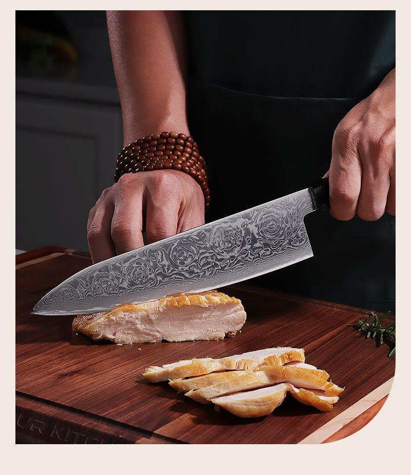 FINDKING 8 Inch Japanese Chef Knife, Professional Gyuto Kitchen Knife, Sharp, Sturdy & Elegant Damascus Knife, for Everyday Cooking (BLACK-ROSE Series)