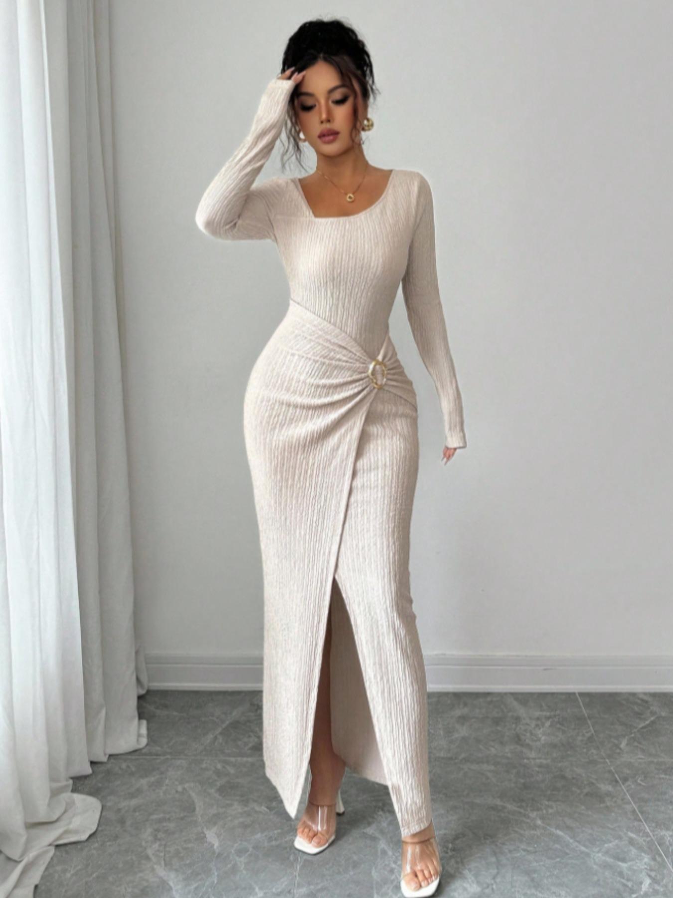 Women's Plain Fashion Twisted Long Dress, Asymmetrical Neck Knit Texture Tight Fit, Elegant Fall Winter Clothing, Twist Split Design