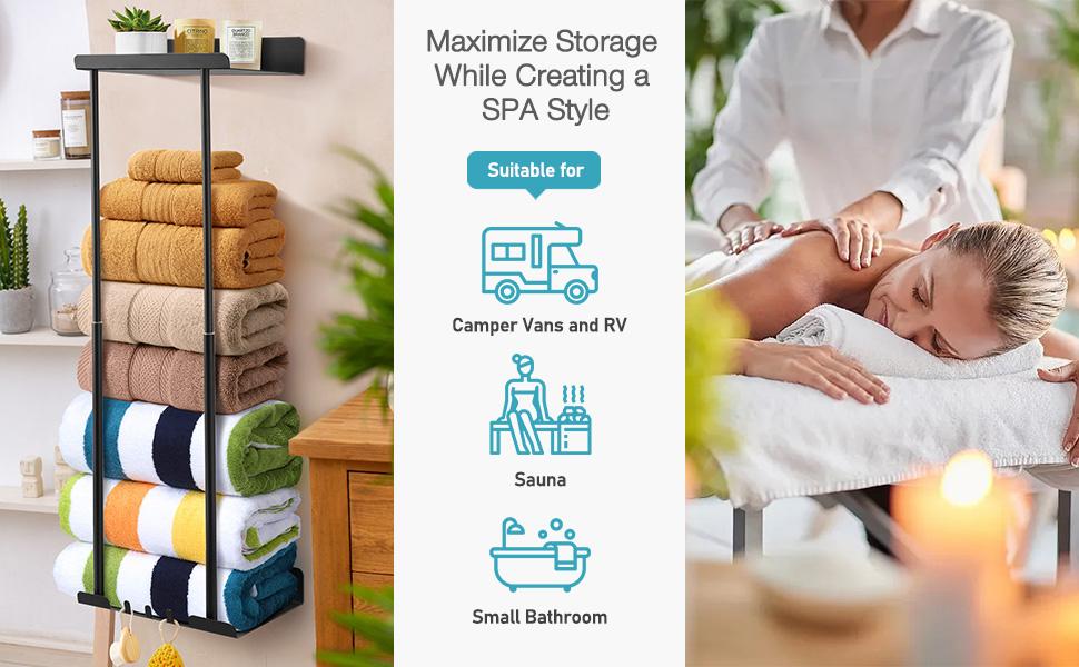 Bathroom Towel Storage Rack, Towel Racks for Bathroom Wall Mounted 30 inch with Shelf Can Holds 6 Large Towels, Wall Towel Rack for Rolled Towels, Black