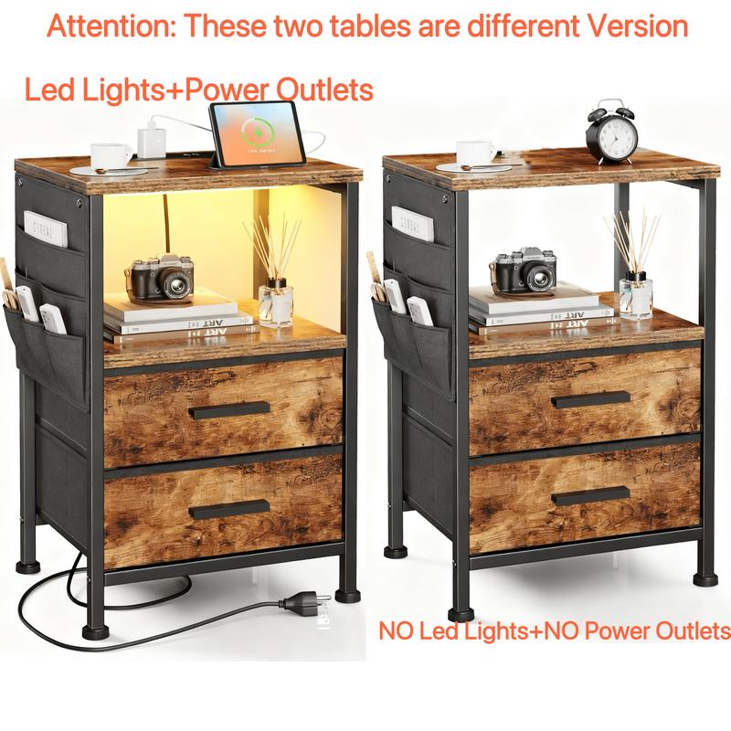 Mr IRONSTONE Night Stand Set 2, Night Stand with Charging Station, LED Nightstand with U-S-B Ports and Outlets, 2 Fabric Storage Drawers with PU Finish, Small Bedside Table, Rustic
