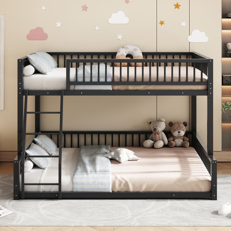 Modern Full XL Over Queen Bunk Bed Frame, Metal Floor Bunk Bed Frame with Ladder & Guardrails, No Spring Box Needed, That Can Separate, Black