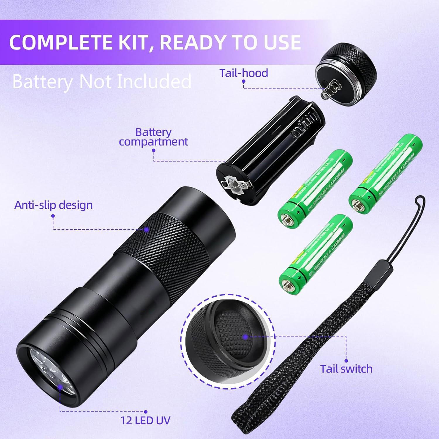 Wild Bright 2-pack portable 12-LED ultraviolet flashlight with 395nm wavelength, black light detector for dog urine and pet stains, fluorescent aluminum detector, suitable for outdoor hiking and garden search, 6*AAA batteries not included