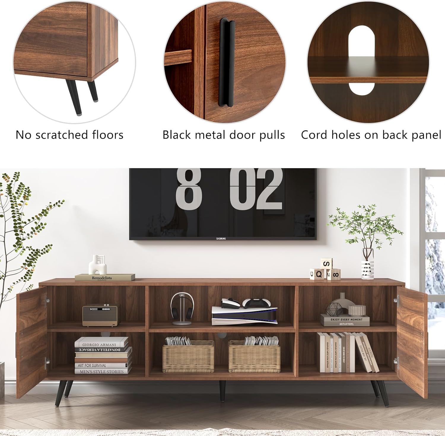 70/80 Inch Mid Century Modern TV Stand for 75 Inch TV, Wood TV Stand with Storage, Entertainment Center for Living Room Bedroom, TV Media Console, Oak/Walnut
