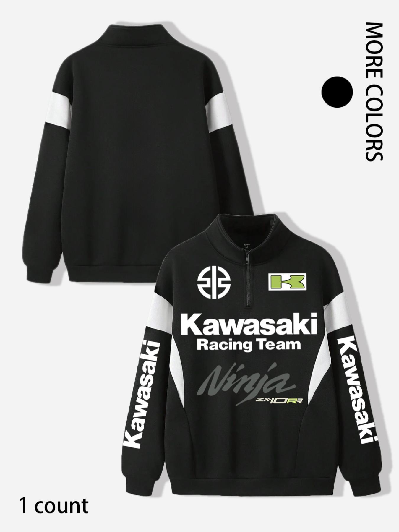 Men's Kawasaki Racing Team Graphic Zip Up Sweatshirt, Regular Fit Casual Fashion Long Sleeve Half Zip Sweatshirt for Daily Wear, Men's Clothes for Fall & Winter, Athletic Sports Clothing